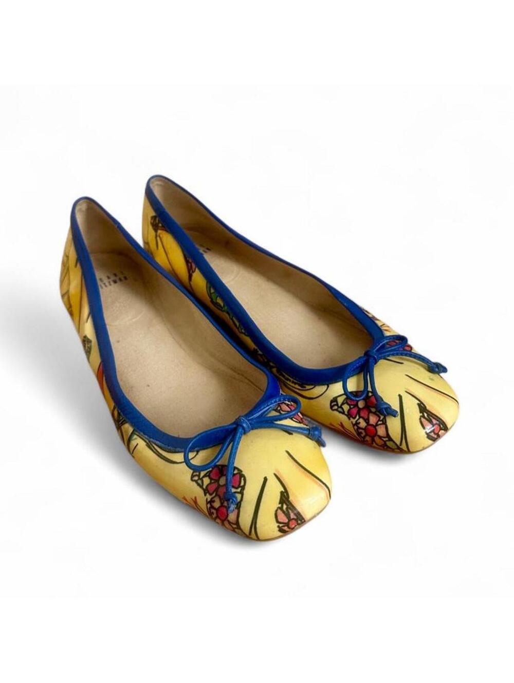 Stuart Weitzman Yellow Fashion Illustration Print Ballet Flats Bow Made in Spain